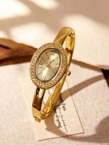 1pc Women's Oval Rhinestone Gold Bracelet Quartz Watch, Metallic Dial With Roman Numerals, Bezel Inlaid With Sparkling Rhinestones, Polished Open Bangle Wristwatch, Gold Jewelry, Summer Accessory. Suitable For Daily Commute, Summer Outings, Holiday Parties, Weddings, Back To School Season, Matches Various Outfits, Perfect Gift For Women, Exquisite And Sparkling, Elegant And Luxurious - Gold - View 5