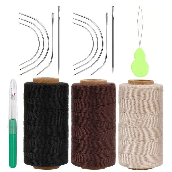 Kit de costura de extensiones de cabello Lusecarl, 3 rollos de hilo para extensiones de cabello con 10 agujas de mano curvas con forma C/J/I, adecuado para extensiones de cabello, costura de piezas de cabello, peluca DIY (10+3, 3 colores)