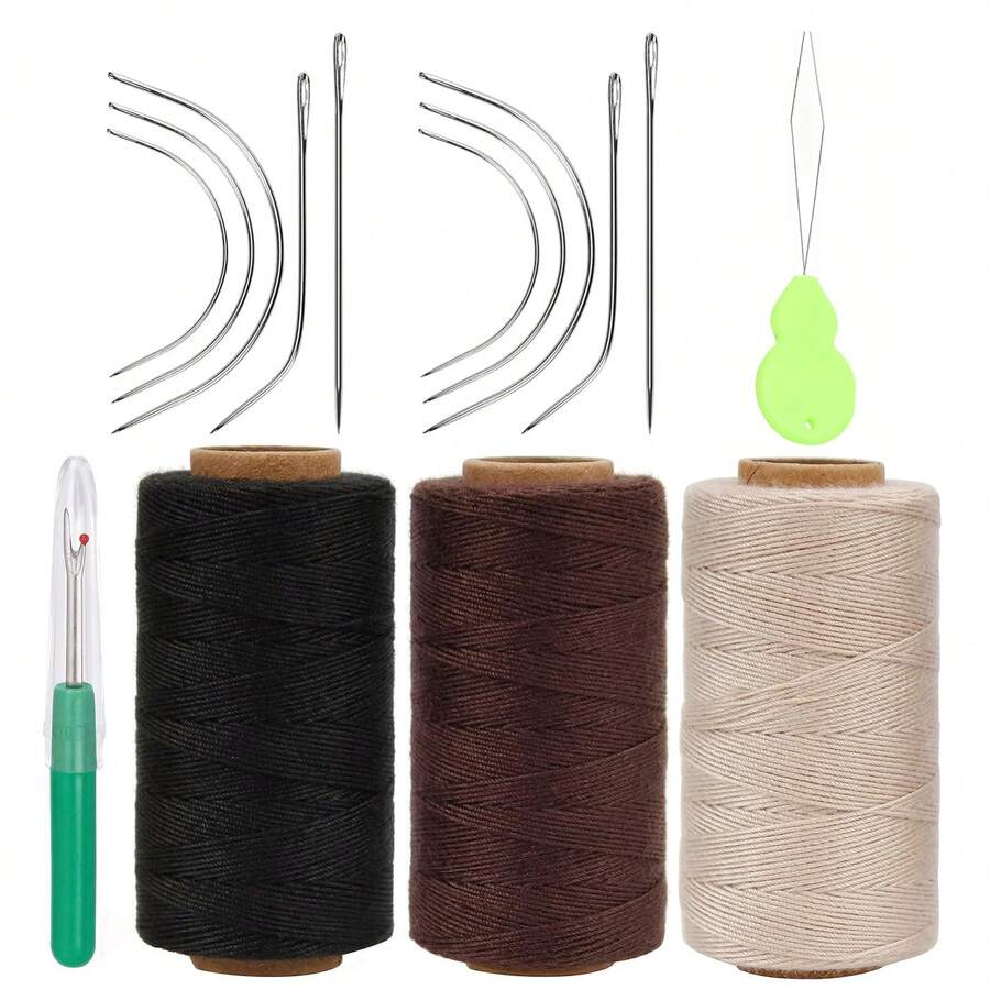 Lusecarl Hair Extension Sewing Kit, 3 Rolls Hair Extension Thread With 10 C/J/I Shaped Curved Hand Sewing Needles, Suitable For Hair Extensions, Hair Piece Sewing, Wig DIY (10+3, 3 Colors), Halloween - View 1