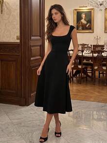 QUNGIGU Elegant Women's Dress Square Neck Long A Line For Wedding Guest Cocktail Party Evening Wear - Black - View 3
