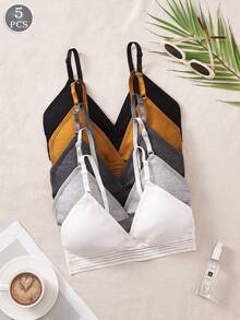 5PCS Solid Color Minimalist Casual Ribbed Non-Wired Comfortable Breathable Home Style Women's Bra - Multicolor - View 2