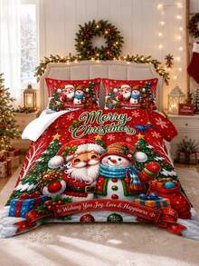 3pcs Christmas Theme Red Background Cartoon Santa Claus Snowman Christmas Pattern Bedding Set Quilt And Pillowcase 3 Pieces Set - Soft, Comfortable And Breathable Bedding, 200g Quilted Filling, Includes 1 Quilt And 2 Pillowcases (Pillow Inserts Not Included) - Perfect Choice For Home Or Dorm Christmas Decoration - Multicolor - View 12