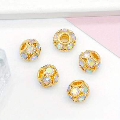 Set de 11 piezas de cuentas de bola de flor con base dorada y strass AB de 16 mm, cuentas espaciadoras redondas brillantes para hacer pulseras, collares, joyas hechas a mano y accesorios de decoración DIY