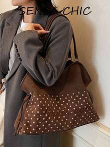 Korean Style Gentle Polka Dot Tote Bag, Suede Texture Patchwork Body, 3D English Embroidery, Drawstring Closure, Adjustable Shoulder Strap, Student Commuter Shoulder Bag - Coffee - View 8