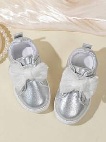1 Pair Kids Bowknot Hook & Loop Casual Fashion Sneakers, Suitable For All Seasons Campus Daily Wear And Sports - Silver - View 15