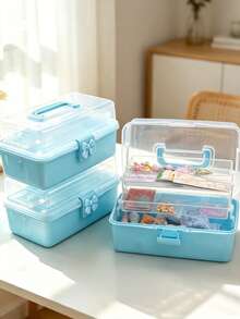 3-Tier Foldable Transparent Storage Box With Bow Detail – Stackable Organizer For Home Desktops; Collapsible & Space-Saving; Portable Handheld Case For Sorting Craft Parts & Sundries; Suitable For Teacher's Day, Christmas, And Halloween. - A - View 6