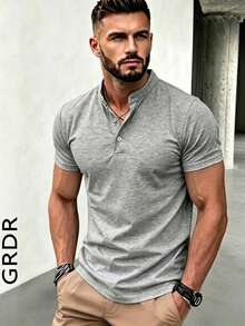 GRDR Men's Summer Fashion Classic Solid Color Henley Collar Short Sleeve T-Shirt - Light Grey - View 3