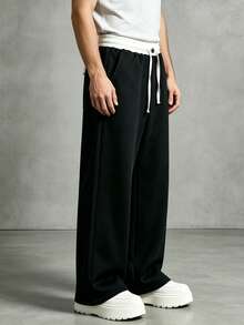 1Pc Versatile Drapey Men's Wide Leg Pants, Contrast Waistband Drawstring Design Black Knit Loose Daily Casual Sweatpants - Black - View 6