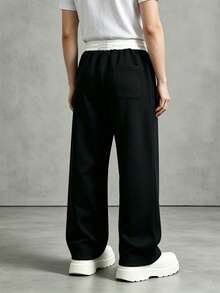 1Pc Versatile Drapey Men's Wide Leg Pants, Contrast Waistband Drawstring Design Black Knit Loose Daily Casual Sweatpants - Black - View 7