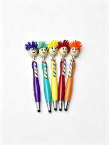 1/4/5pcs Creative Multicolor Cute Smiling Face Plush Head Ballpoint Pens, Personalized Back To School Gift Pens - Multicolor - View 9