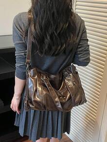 Minimalist Soft Leather Large Capacity Tote Bag With Loose Body And Ample Storage Space, Easily Organizes Books, Tablets, Umbrellas, Cosmetics, Supports Hand-Carry, Shoulder, Crossbody Multiple Carrying Ways, Suitable For Classes, Daily Commute, Short Trips - Coffee - View 4
