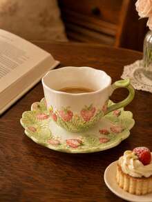 Embossed Underglaze Painted Strawberry Ceramic Cup And Saucer Set, Coffee Cup, Milk Cup, Breakfast Cup, Afternoon Tea Cup, Suitable For Home And Office, Perfect Holiday Birthday Housewarming Gift - Multicolor - View 1