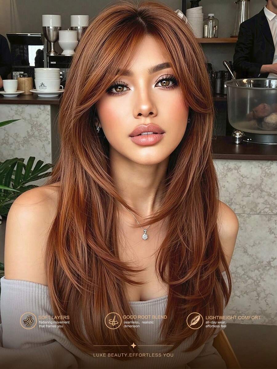 橙色蝴蝶长刘海合成假发,适合女性,自然发质,角色扮演假发,适合返校季 - 彩色 - 查看 1
