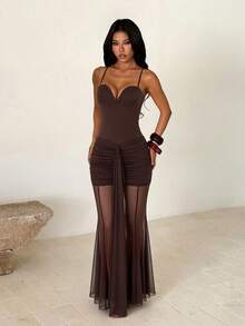 Women's Summer Elegant Spaghetti Strap Spaghetti Strap Mermaid Dress For Party, Holiday, Back To School - Brown - View 6