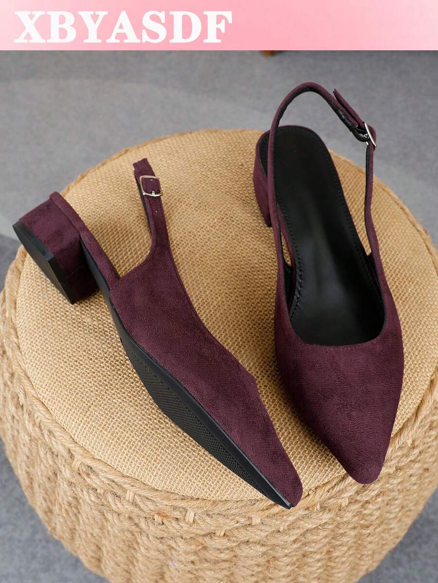 XBYASDF 2026 New Women's Deep Purple Suede Pointed Toe Slingback Chunky Heel Pumps, Elegant 3cm High Heel Sandals For Commute And Date - Dark Purple - View 1