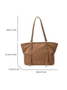 Large Capacity Tote Bag, Retro Style Faux Leather Handbag With Front Pocket For Work & Travel - Brown - View 11