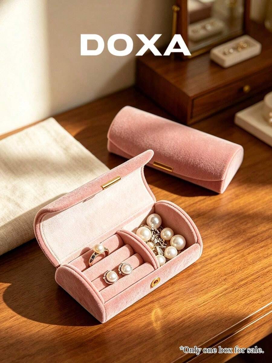 DOXA Pink Velvet Long Magnetic Jewelry Box, Portable Travel Mini Ring & Earring Storage Box - Pink - View 1
