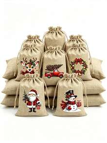 12pcs Christmas Linen Gift Bags, 14.99 X 9.91 Cm Reusable Drawstring Gift Bags, 12/5/1pc 5 Christmas Theme Designs Randomly Shipped, Perfect For Christmas Party Gifts, Birthday Gifts And Christmas Tree Decorations - Multicolor - View 6