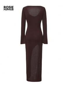 ROSIE POPHUB Women Brown Ribbed V-Neck Flare Sleeve Midi Dress, Twist Front Slit Slim Elegant Christmas Party Dress For Fall Winter - Coffee Brown - View 9