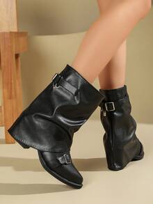 Women's New Metal Buckle Decor Ruched Leg Boots, Personalized Folded Pleated Cool Western Style Boots - Black - View 3