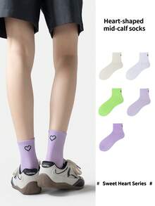 1/5 Pasang Kaos Kaki Setengah Betis Motif Hati Warna Polos untuk Semua Musim, Gaya Korea INS Kaos Kaki Olahraga Motif Hati Serbaguna untuk Pria dan Wanita - MultiWarna - View 1