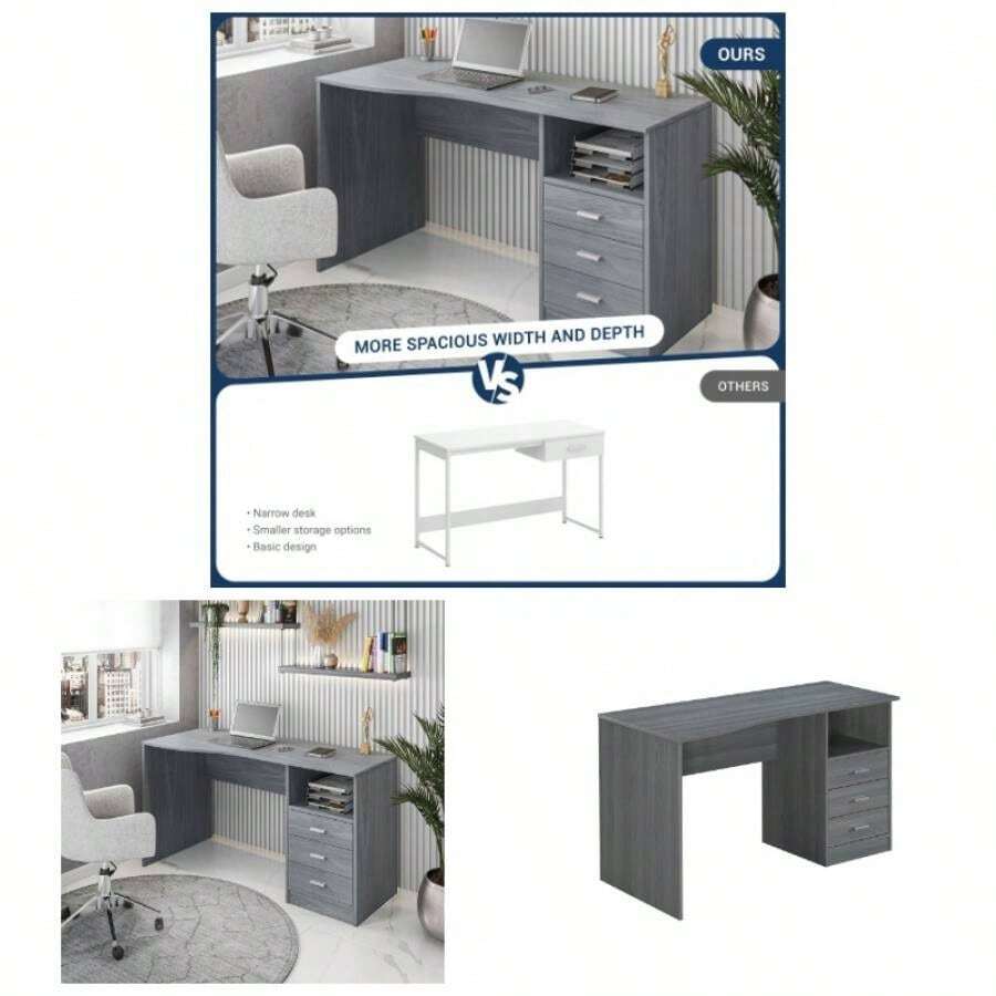 Classic Computer Desk With Multiple Drawers, - Grey + Particle Board - View 1