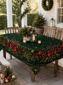 1pc Dark Green Christmas Wreath Tablecloth, Elegant Polyester Rectangular Tablecloth, Printed With Pine Branches, Red Bows, Berries And Decorative Balls Pattern, Suitable For Kitchen Decor, Home Decor, Room Decor, Christmas Home Decor And Classroom Decor - Multicolor - View 15