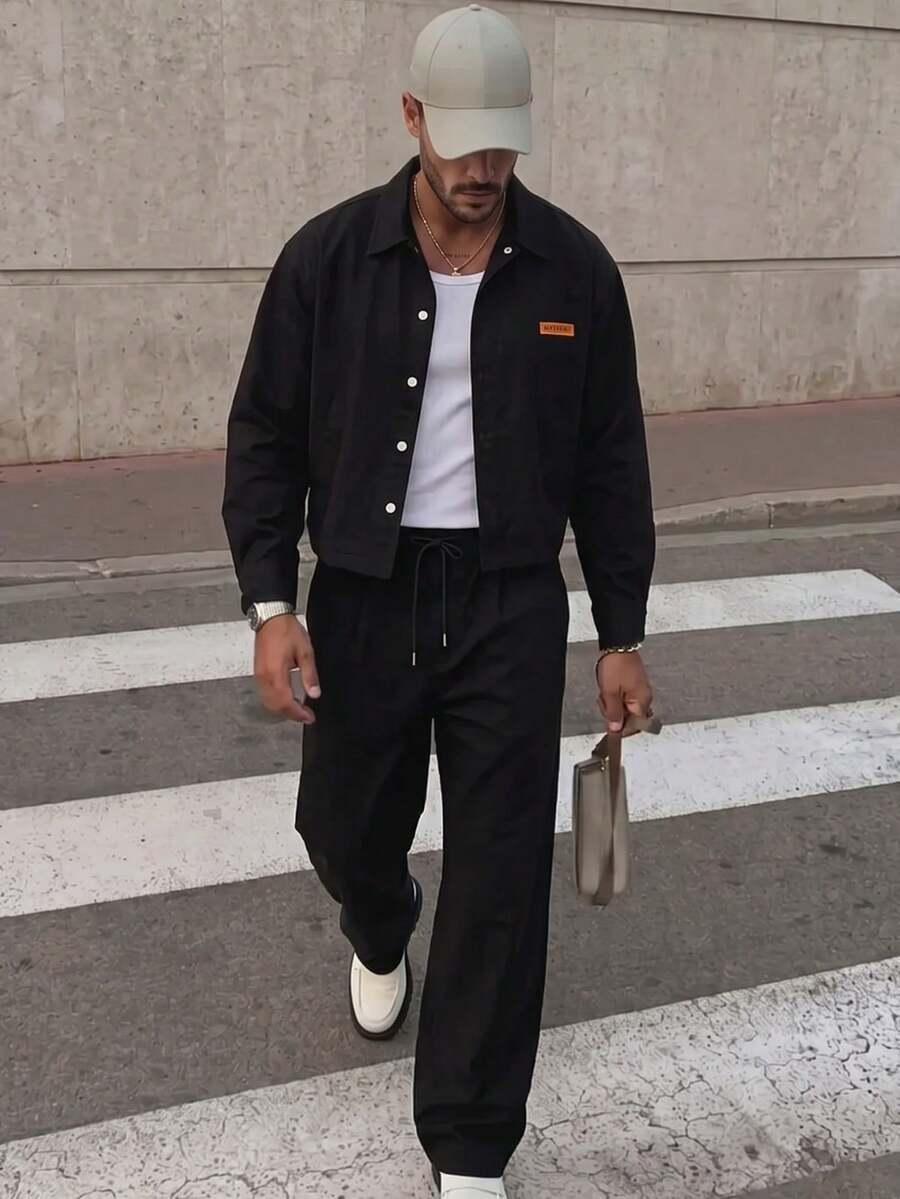 Premium Solid Color Short Work Jacket & Draped Loose Wide Leg Trousers Men's Spring/Autumn 2 Pieces Set Minimalist Outfit - Black - View 1