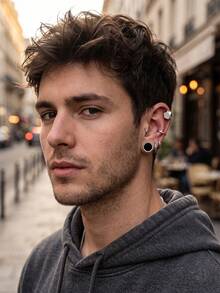 Clip On Stud Earrings For Men Polaris Geometry Circle Punk Fake Earrings Stainless Steel Non Piercing Silver Black Not Easy To Fall Halloween Jewel - Multicolor - View 9