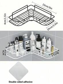 1/2pcs No-Drill Bathroom Corner Shelf, Bathroom & Kitchen Storage Rack, Practical Home Storage Tool, Home Decor, Bathroom Organizer, Bathroom Decor Accessories, Suitable For Back To School Season, Bathroom, Kitchen, Halloween Decor, Christmas Decor (3pcs(1 Shelf + 2 Hooks)/Set) - Black - View 8