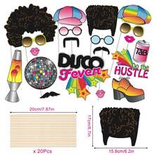 20pcs 70s Vintage Photo Booth Props, 1970s Disco Theme Party Decorations, 20pcs Hippie & Disco Fever Props With Wooden Sticks - View 4