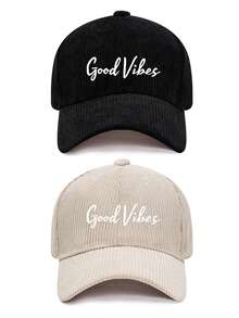 1pc/2pcs Vintage Corduroy Baseball Cap For Women, Printed With "Good Vibes" Letter, Adjustable Strap, Spring/Autumn Street Style Hat - Multicolor - View 17