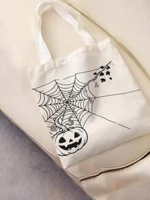 1pc Halloween Spider Web Print Canvas Tote Bag, Large Capacity Hand‑Held Shoulder Bag, Reusable Shopping Bag For Halloween Party Daily Commute - Beige - View 9