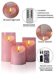 3pcs Flameless Candle Lights Set With Timer Remote Control, Battery Operated Pink Cup Candles, Suitable For Christmas, Halloween, Valentine's Day, Gifts, Presents, Birthday, Wedding, Dining Table, Party - Pink - Warm Light - View 9