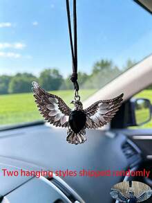Car Hanging Ornament, Rearview Mirror Pendant, Black Crystal & Opal Wings Car Charm, Gothic Style Car Interior Decor, Premium Metal Accessory, Cool Car Accessory, Unique Driver Gift - A - View 11