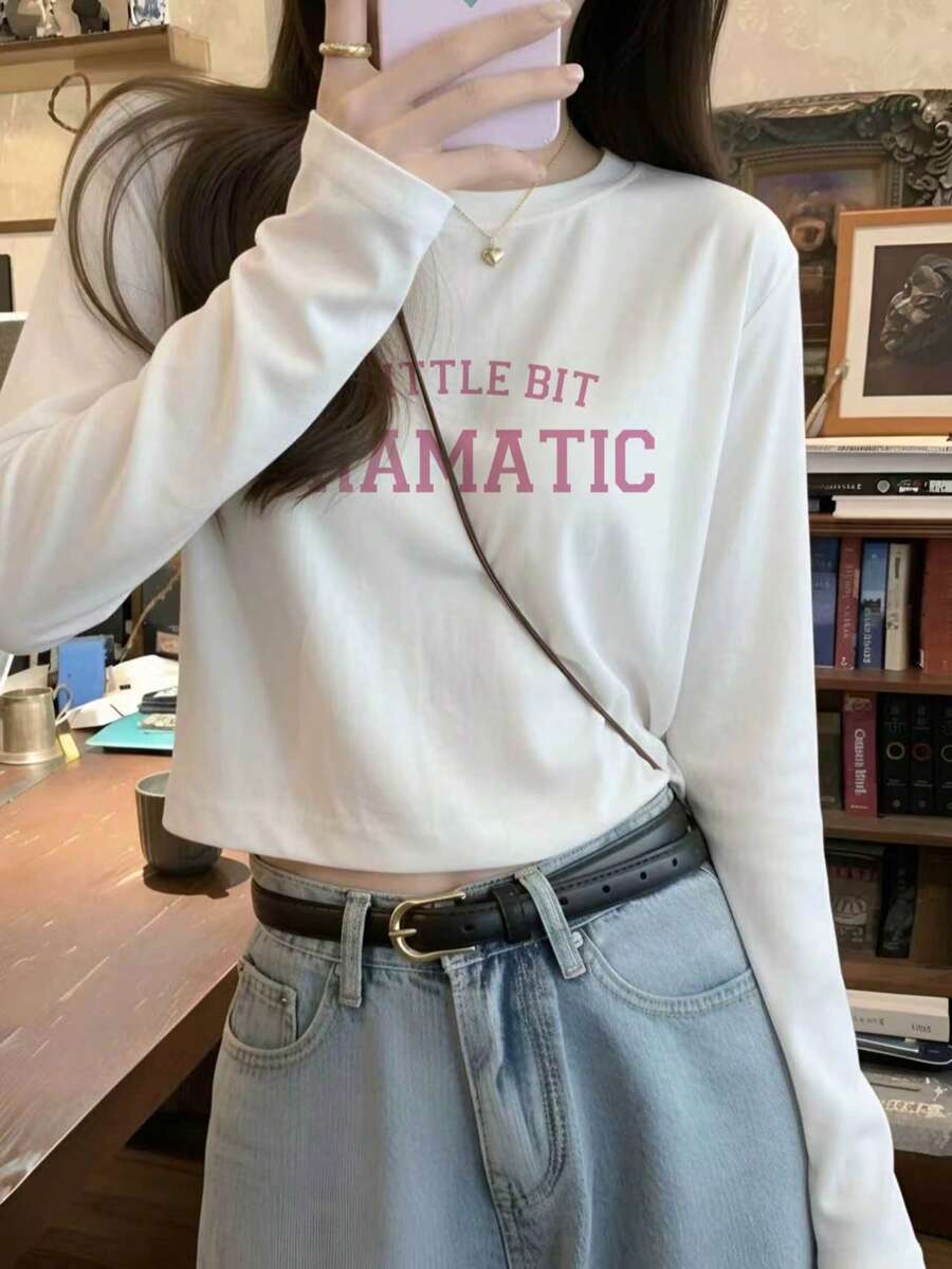 Pink Letter Print Long Sleeve Base Layer Top, Simple Round Neck Cropped Slimming Sweet Girl Innerwear Casual White - White - View 1