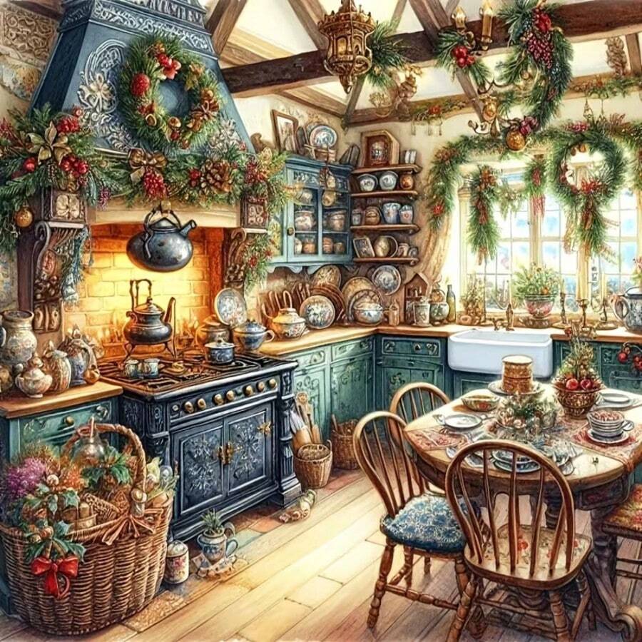 1PC DIY 5D Diamond Painting Kit Christmas Kitchen Pattern - Round Full Drill Art Mosaic Craft, Home Wall Decor, Unframed - No Frame - View 1