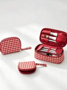 Portable Travel Makeup Bag - Classic Red Plaid Design - Fashionable Design - Easy To Carry - Multi-Functional Portable Storage Bag - Lipstick And Eyebrow Pencil Storage Bag - Makeup Storage Bag - Multicolor - View 4