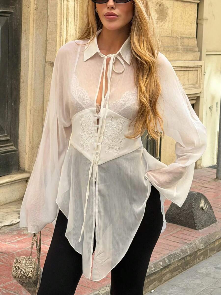 Women's Floral Applique Waist Tie Lapel Button-Down Flare Sleeve Blouse, Romantic Casual Commute Vacation Spring Autumn Shirt - White - View 1