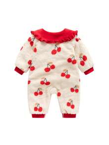 Baby Cute Cherry Pattern Pocket Romper Long Sleeve Autumn/Winter Outfit For Girls - Red - View 3