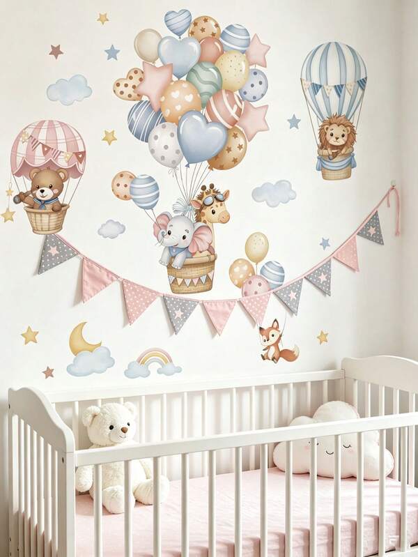 2 Styles Wall Stickers, Animal Balloon Bear Decals, Cloud Decoration, Self-Adhesive Wall Art, Boys Girls Nursery Children Bedroom Home Decor