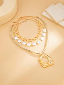 3pcs/Set Kalung Berlapis Gaya Bohemian Vintage, Liontin Persegi Berongga Bertekstur dengan Mutiara Barok, Aksesori Hadiah Mewah yang Unik - Emas - View 4