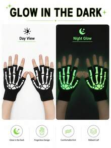 1 Pair Halloween Glow-In-The-Dark Skeleton Fingerless Knit Gloves, Ghost Hand Cosplay Party Costume Accessory - A - View 1