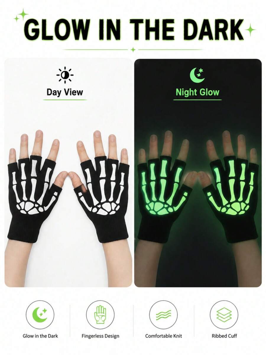 1 Pair Halloween Glow-In-The-Dark Skeleton Fingerless Knit Gloves, Ghost Hand Cosplay Party Costume Accessory - A - View 1