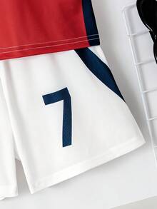 White & Red No.7 Summer Mesh Fabric Kids Soccer Jersey Set, 7 Number Print Short Sleeve & Shorts 2 Pieces Set For Teenagers - Red - View 4