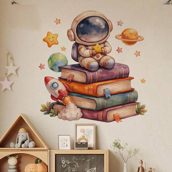 1pc 2D Astronaut Space Book Wall Sticker, Home Study Bedroom Universe Style PVC Self-Adhesive Decorative Sticker