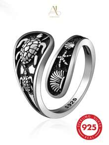 1pc Unique 925 Silver Resin Sea Turtle, Starfish & Shell Ring, Fashion Accessory For Women, Suitable For Vacation, Party, Wedding, Holiday Gift - Silver - View 8