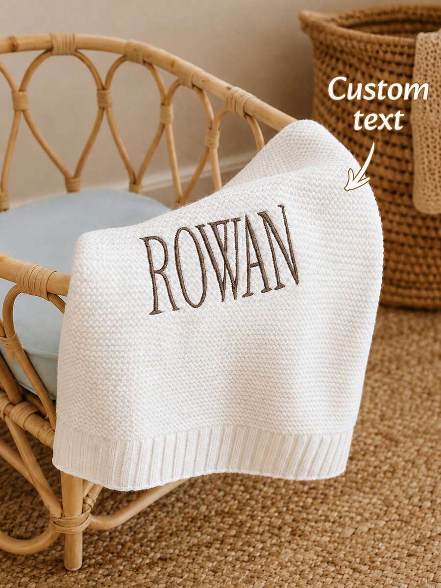 1pc Customized Name Embroidered Knitted Throw Blanket, Personalized Letter Knitted Blanket, 6 Colors Available, Casual Home Decor Accessory, Cute Holiday Gift Choice For Family Occasions