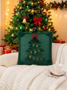 1 pieza/2 piezas Funda de almohada navideña, decoración de estrella amarilla y árbol de Navidad verde, funda de cojín de felpa suave de piel sintética jacquard con lazo rojo, adecuada para dormitorio, sofá, decoración del hogar en invierno y festividades, inserto de almohada no incluido - Verde - Ver 5