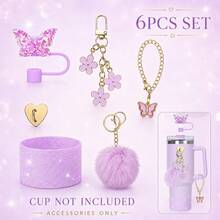 6PCS Butterfly Tumbler Accessories Set For 40oz Cups, Glitter Silicone Boot, Butterfly Straw Topper, Pom Pom Keychain, Flower Charm, Butterfly Pendant Chain & Heart Adhesive Hook, Cute Cup Decor Gift For Women, Cup Not Included - Multicolor - View 12